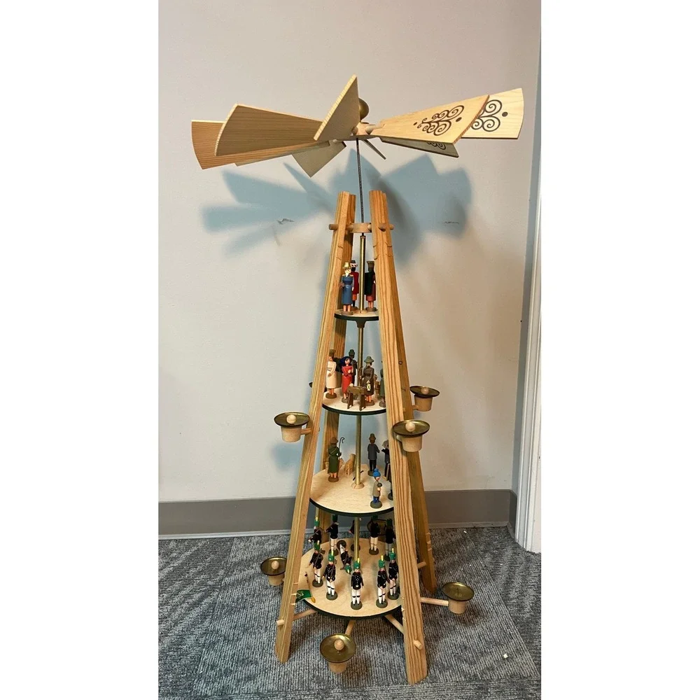 VERO Erzgebirge 4 Tier German Christmas Pyramid Nativity Miners Wood Carousel 3'